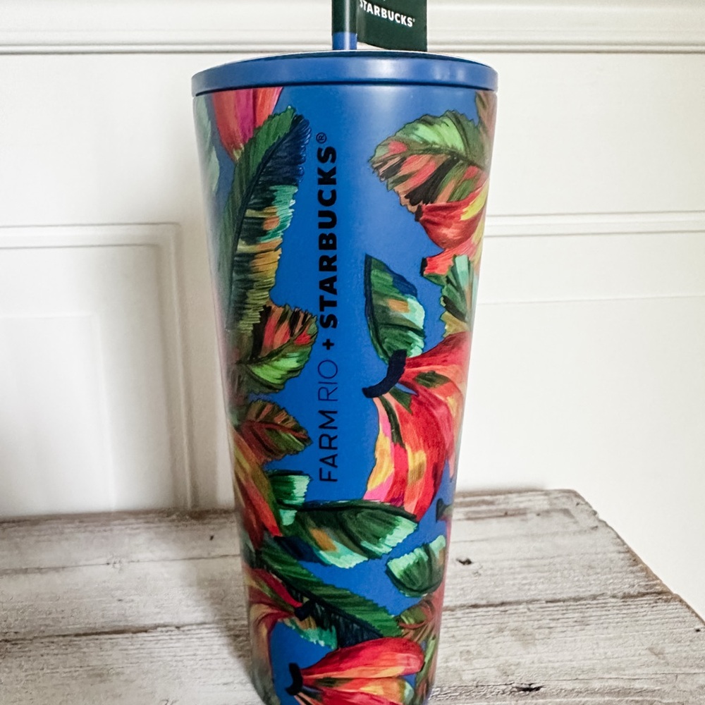 FARM Rio Blue and Red Water Bottle with Tropical Design
